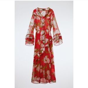 Zara Women's Floral Dress Ruffle Sleeves Red Open Back Sz XS Romantic Valentines